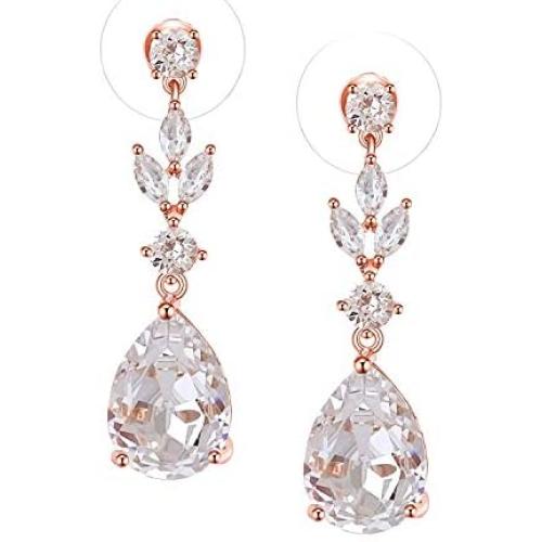 SWEETV Pearl Drop Earrings for Women,Bridesmaids,Brides -Teardrop Crystal Rhinestones Cubic Zirconia Earrings Dangling
