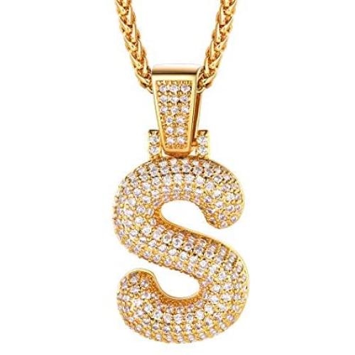 Shiny Cubic Zirconia Bubble Letters/Numbers/''$'' Necklace for Men Women Personalized 1-6 Letters Pendant with 18/22/26/28/30 Wheat/Tennis Chain 18K Gold/Platinum Plated Custom Name Jewelry
