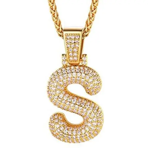 Shiny Cubic Zirconia Bubble Letters/Numbers/''$'' Necklace for Men Women Personalized 1-6 Letters Pendant with 18/22/26/28/30 Wheat/Tennis Chain 18K Gold/Platinum Plated Custom Name Jewelry
