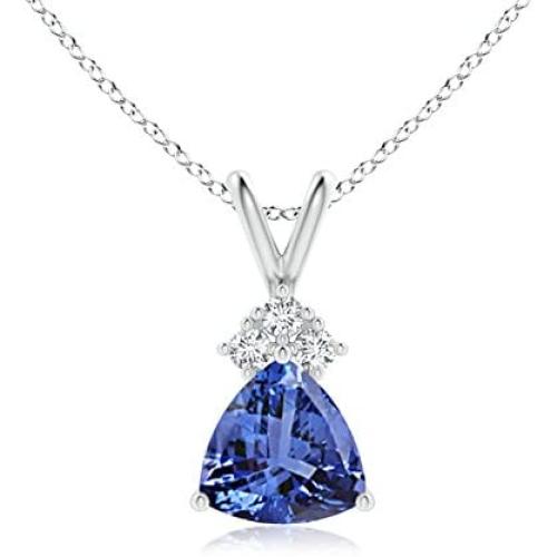 December Birthstone - Trillion Tanzanite Solitaire Pendant Necklace with Trio Diamonds in 14K White Gold (7mm Tanzanite)
