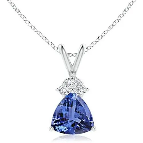 December Birthstone - Trillion Tanzanite Solitaire Pendant Necklace with Trio Diamonds in 14K White Gold (7mm Tanzanite)