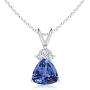 December Birthstone - Trillion Tanzanite Solitaire Pendant Necklace with Trio Diamonds in 14K White Gold (7mm Tanzanite)