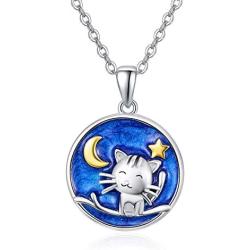 TRISHULA Cat Necklace for Women,S925 Silver Sterling Cute Cat with Moon and Star Pendant Blue Night Sky Jewelry Gift for Mom Daughter Girlfriend Cat Lover