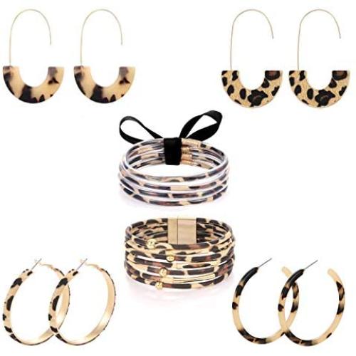 6 Piece Leopard Jewelry Set Leopard Acrylic Hoop Earrings Statement Wire Drop Hoop Earrings Animal Print Multi-Layer Leopard Jelly Silicone Bracelets For Woman