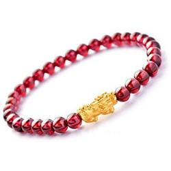 MANRUO Feng Shui The Best Prosperity Red Bead Garnet Bracelet with Golden Pi Xiu/Pi Yao Lucky Wealthy Amulet Brecelet Jewelry