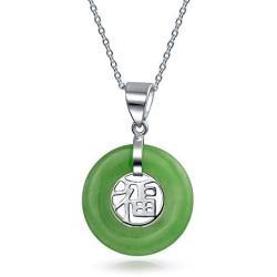 Asian Style Round Circle Disc Good Luck Chinese Fortune Dyed Green Jade Pendant Necklace For Women 925 Sterling Silver