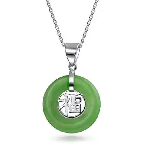 Asian Style Round Circle Disc Good Luck Chinese Fortune Dyed Green Jade Pendant Necklace For Women 925 Sterling Silver Asian Style Round Circle Disc Good Luck Chinese Fortune Dyed Green Jade Pendant Necklace For Women 925 Sterling Silver