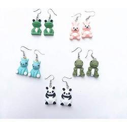 5Pairs Cute Handmade Cartoon Animal Dinosaur Frog Resin Earrings for Women Girl Funny Panda Rabbit Dangle Drop Earrings