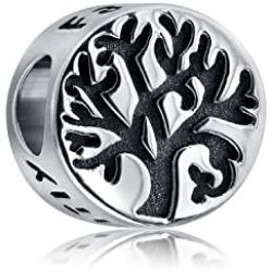 Round Family Circle Wishing Tree Of Life Bead Charm For Women Teen CZ Accent Oxidized .925 Sterling Silver Fits European Bracelet