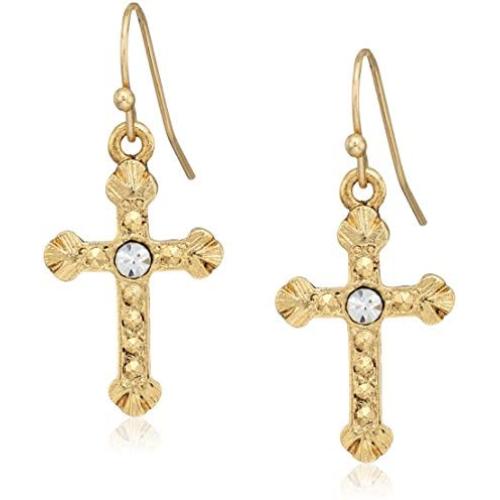 1928 jewelry 14k gold dipped crystal accent religious crucifix cross drop earrings