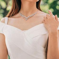 Unicra Bride Silver Necklace Earrings Set Crystal Bridal Wedding Jewelry Sets Rhinestone Bridesmaid Party Choker Necklace Drop Dangle Earrings Set for Women and Girls (Silver-2)