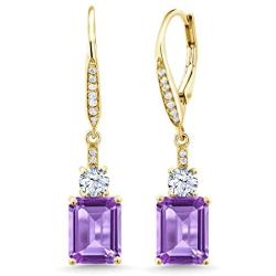 Gem Stone King 5.00 Ct Emerald Cut Purple Amethyst 18K Yellow Gold Plated Silver Earrings
