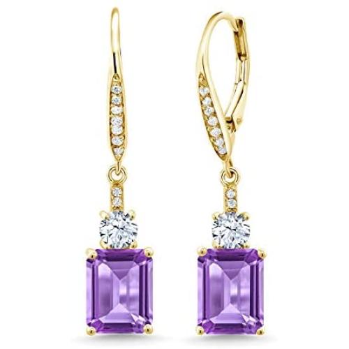 Gem Stone King 5.00 Ct Emerald Cut Purple Amethyst 18K Yellow Gold Plated Silver Earrings