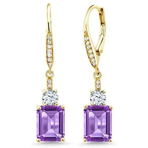 Gem Stone King 5.00 Ct Emerald Cut Purple Amethyst 18K Yellow Gold Plated Silver Earrings