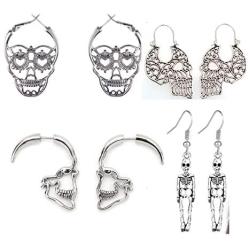 4 Pairs Halloween Skull Skeleton Earrings Hollow Skull Face Hoop Stud Earrings Punk Style Gothic Scary Silver Drop Dangle Earrings for Men Women Jewelry Accessory