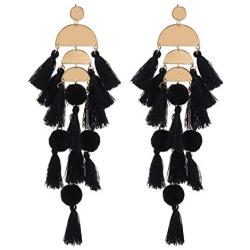 Long Tassel Earrings Statement Bohemian Pom Ball Handmade Drop Dangle Earrings for Women Girls