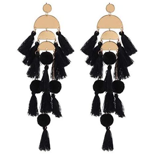 Long Tassel Earrings Statement Bohemian Pom Ball Handmade Drop Dangle Earrings for Women Girls
