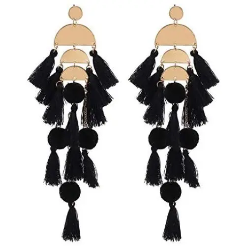 Long Tassel Earrings Statement Bohemian Pom Ball Handmade Drop Dangle Earrings for Women Girls
