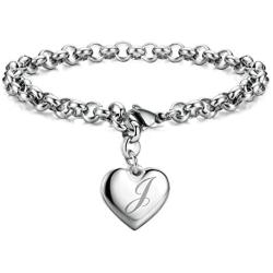 Initial Charm Bracelets Stainless Steel Heart 26 Letters Alphabet Bracelet for Women, Valentines Day Gifts