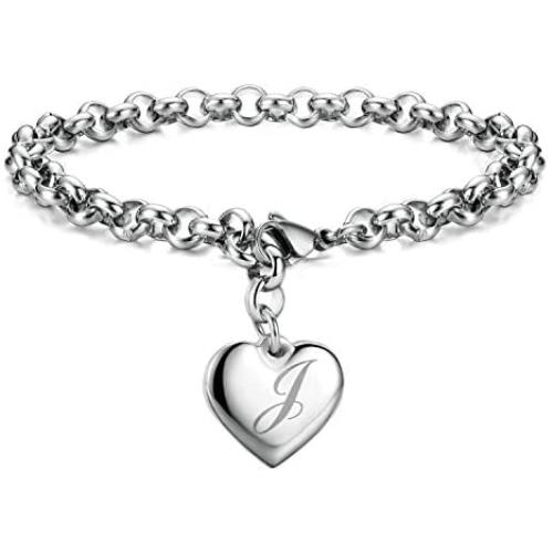 Initial Charm Bracelets Stainless Steel Heart 26 Letters Alphabet Bracelet for Women, Valentines Day Gifts