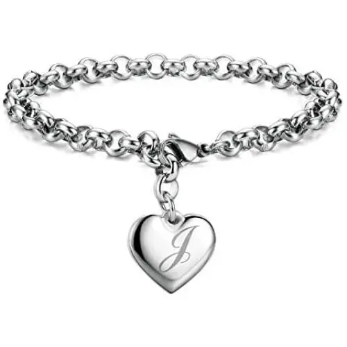 Initial Charm Bracelets Stainless Steel Heart 26 Letters Alphabet Bracelet for Women, Valentines Day Gifts