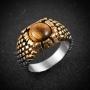 HZMAN Mens Stainless Steel Classic Brown Tiger Eye Stone Volcano Rock Silver Ring