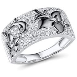 Santuzza Black Flower Ring 925 Sterling Silver Sparkling White Cubic Zirconia Statement Rings Jewelry for Women