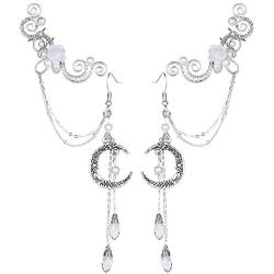 OwMell Elven Elf Ear Cuffs,Handcraft Pierced Filigree Wrap Earrings Ear Cuffs for Women Bridal Wedding Flower Moon Jewelry Dangle Drop Threader Tassel Chain
