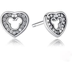 ERLUER 925 Sterling Silver Mickey Mouse Stud Earrings Cubic Zirconia for Women Girls Wedding Jewelry Earring (Heart Mickey Earrings)