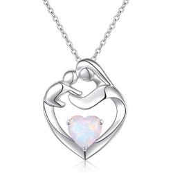FLYOW 925 Sterling Silver White/Rose Gold Plated Mother and Child Lab Opal Heart Pendant Necklace for Women Mother Daughter, Adjustable Silver Chain 18+2 Inches New Mum Gifts
