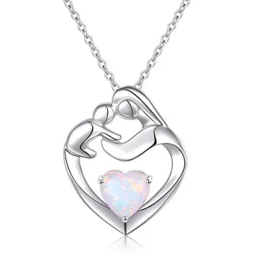 FLYOW 925 Sterling Silver White/Rose Gold Plated Mother and Child Lab Opal Heart Pendant Necklace for Women Mother Daughter, Adjustable Silver Chain 18+2 Inches New Mum Gifts FLYOW 925 Sterling Silver White/Rose Gold Plated Mother and Child Lab Opal Heart Pendant Necklace for Women Mother Daughter, Adjustable Silver Chain 18+2 Inches New Mum Gifts