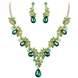 BriLove Womens Wedding Bridal Crystal Teardrop Filigree Leaf Twig Enamel Statement Necklace Dangle Earrings Set