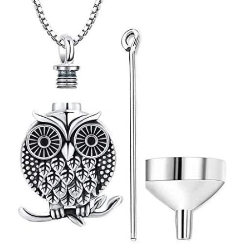 Aniu Cremation Jewelry Owl Charm Urn Pendant Necklace for Women - 925 Sterling Silver Memorial Ashes Keepsake Jewelry （with Fill Kit and Gift Box）