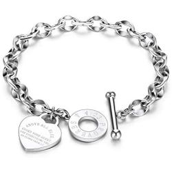 kelistom 316L Stainless Steel Love Heart Charm Bracelet for Women Teen Girls Romantic Gift Silver/Rose/18k Gold Plated OT Clasp Bracelets