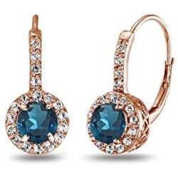 Sterling Silver London Blue Topaz & White Topaz Round Dainty Halo Leverback Earrings