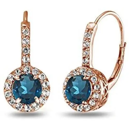 Sterling Silver London Blue Topaz & White Topaz Round Dainty Halo Leverback Earrings Sterling Silver London Blue Topaz & White Topaz Round Dainty Halo Leverback Earrings