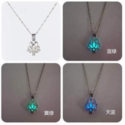 3 Colors Glow in The Dark Necklace Steampunk Hollow Pendant with Chain for Women (Lotus)