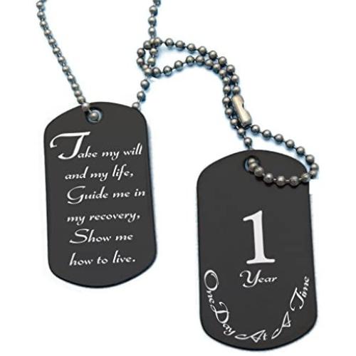 Serenity is Forever NA 3rd Prayer and 1 Year Sobriety Anniversary Black Stainless Steel Dog Tag Necklace for Clean Sober Birthday, AA, NA, Alcoholics Narcotics Anonymous