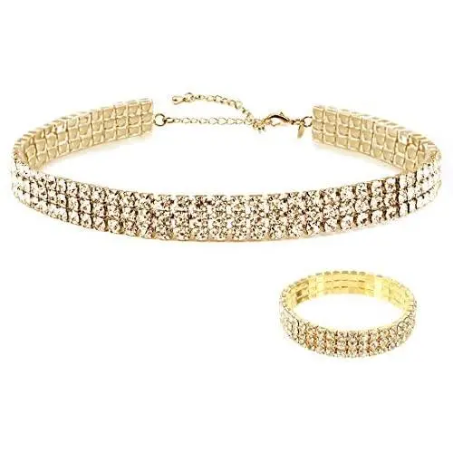 Zealmer 18K Yellow Gold Plated 1-5 Rows Rhinestone Choker Necklace & Stretch Bracelets Set Wedding Jewelry Zealmer 18K Yellow Gold Plated 1-5 Rows Rhinestone Choker Necklace & Stretch Bracelets Set Wedding Jewelry