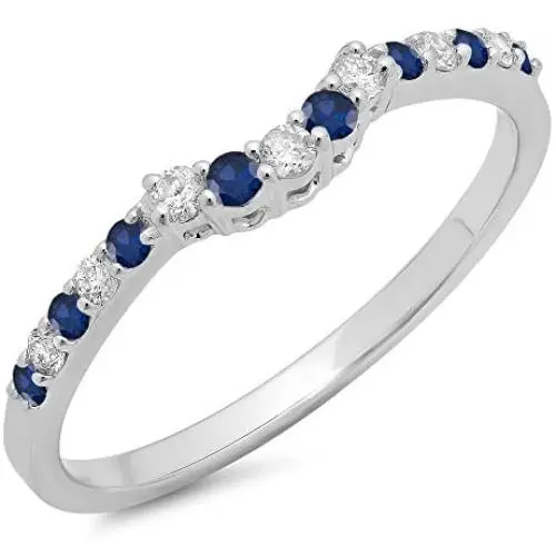 Round Blue Sapphire & White Diamond Ladies Contour Wedding Stackable Ring, 14K Gold