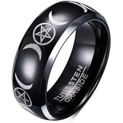 PJ Jewelry Two-Tone 8mm Wicca Pagan Triple Moon Goddess Pentagram Tungsten Carbide Dome Wedding Band Ring for Men