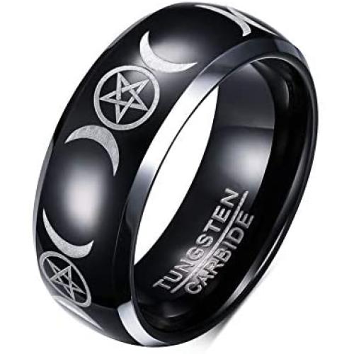 PJ Jewelry Two-Tone 8mm Wicca Pagan Triple Moon Goddess Pentagram Tungsten Carbide Dome Wedding Band Ring for Men
