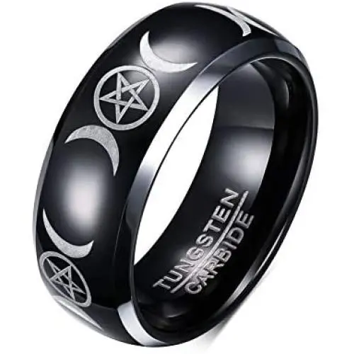 PJ Jewelry Two-Tone 8mm Wicca Pagan Triple Moon Goddess Pentagram Tungsten Carbide Dome Wedding Band Ring for Men
