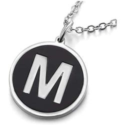 COOLSTEELANDBEYOND Womens Mens Steel Silver Black Name Initial Alphabet Letter A to Z Circle Pendant Necklace, 18 inch Chain