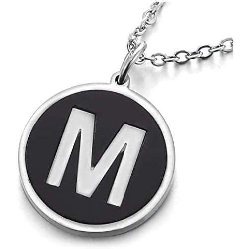 COOLSTEELANDBEYOND Womens Mens Steel Silver Black Name Initial Alphabet Letter A to Z Circle Pendant Necklace, 18 inch Chain