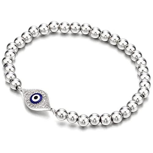 COOLSTEELANDBEYOND Beads Bracelet for Women Men with Cubic Zirconia Protection Evil Eye