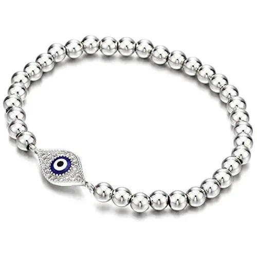 COOLSTEELANDBEYOND Beads Bracelet for Women Men with Cubic Zirconia Protection Evil Eye