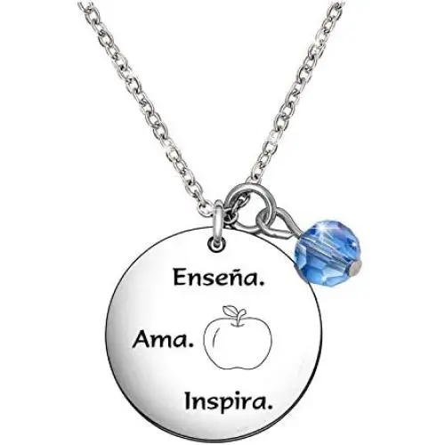 De&ai Teachers in Spanish Apple Necklace, Spanish Teacher Appreciation Gift, Enseña AMA Inspira Necklace