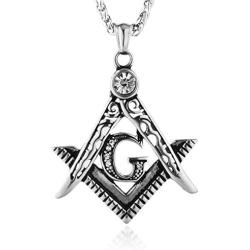 HZMAN Mens Cubic Zirconia Freemason Symbol Masonic Stainless Steel Pendant Necklace 22+2 inch Chain