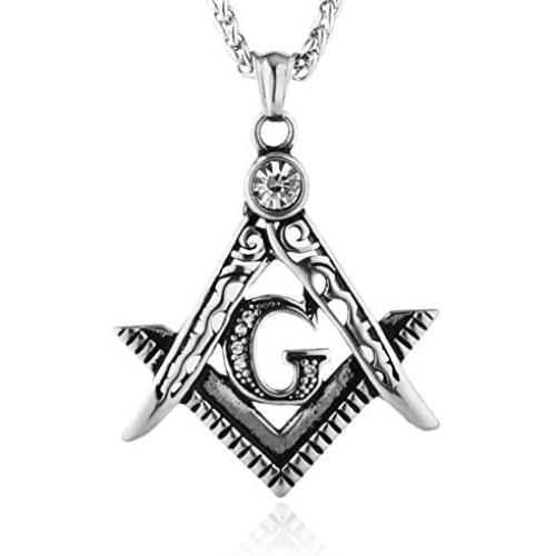 HZMAN Mens Cubic Zirconia Freemason Symbol Masonic Stainless Steel Pendant Necklace 22+2 inch Chain